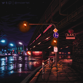 2:00 AM (2020, an animated pixel artwork by Stefanie Grunwald) depicting Hamburg's Sternbrücke at night from the viewpoint of the crossroads next to it. The street is wet and traffic lights slowly change from green to red to green again.