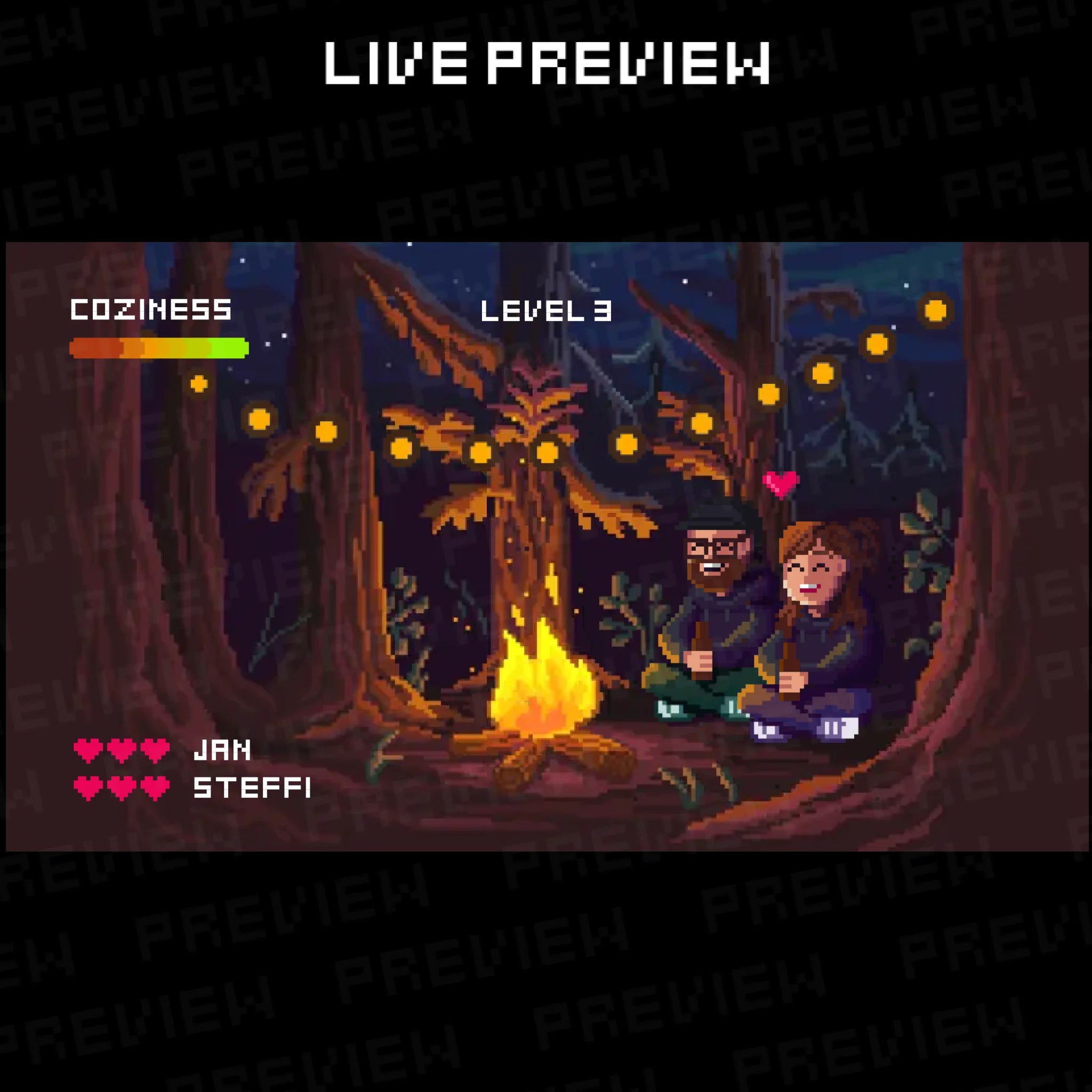 Cozy Adventure • Customisable Pixel Art Print • Campfire