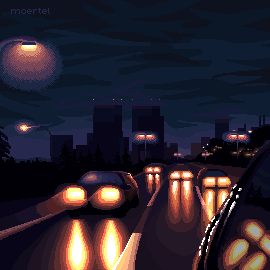 Drive (2022, an animated pixel artwork by Stefanie Grunwald) depicting a rearview-mirror view of cars with glowing headlights driving down a highway at night in front of a dark cityscape while passing illuminated street lights.