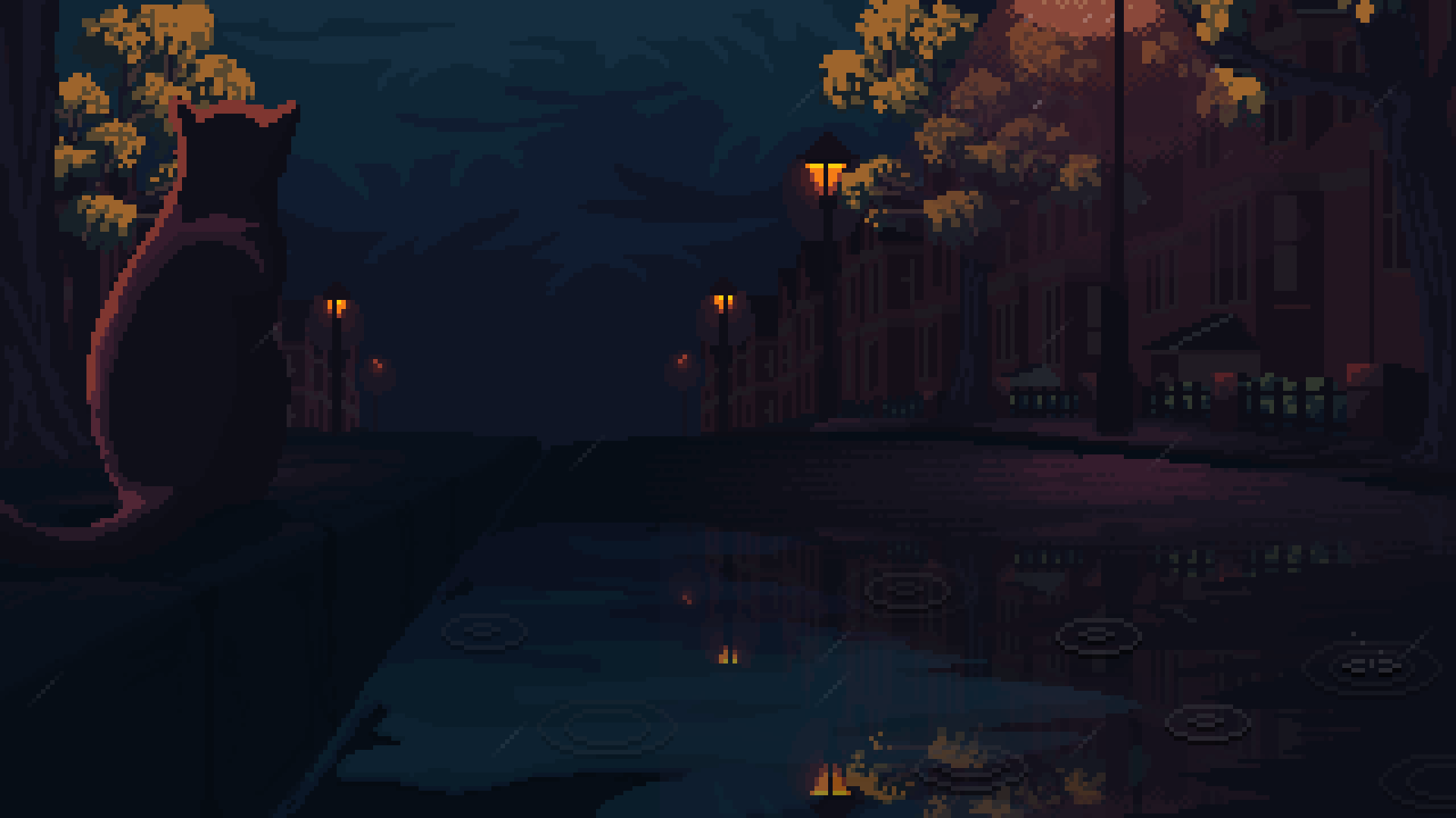 Still from the pixel art music video "Get Better" by Alt-J, showing a cat sitting next to a dark wet street illuminated by dim street lights. Directed and animated by pixel artist Stefanie Grunwald.