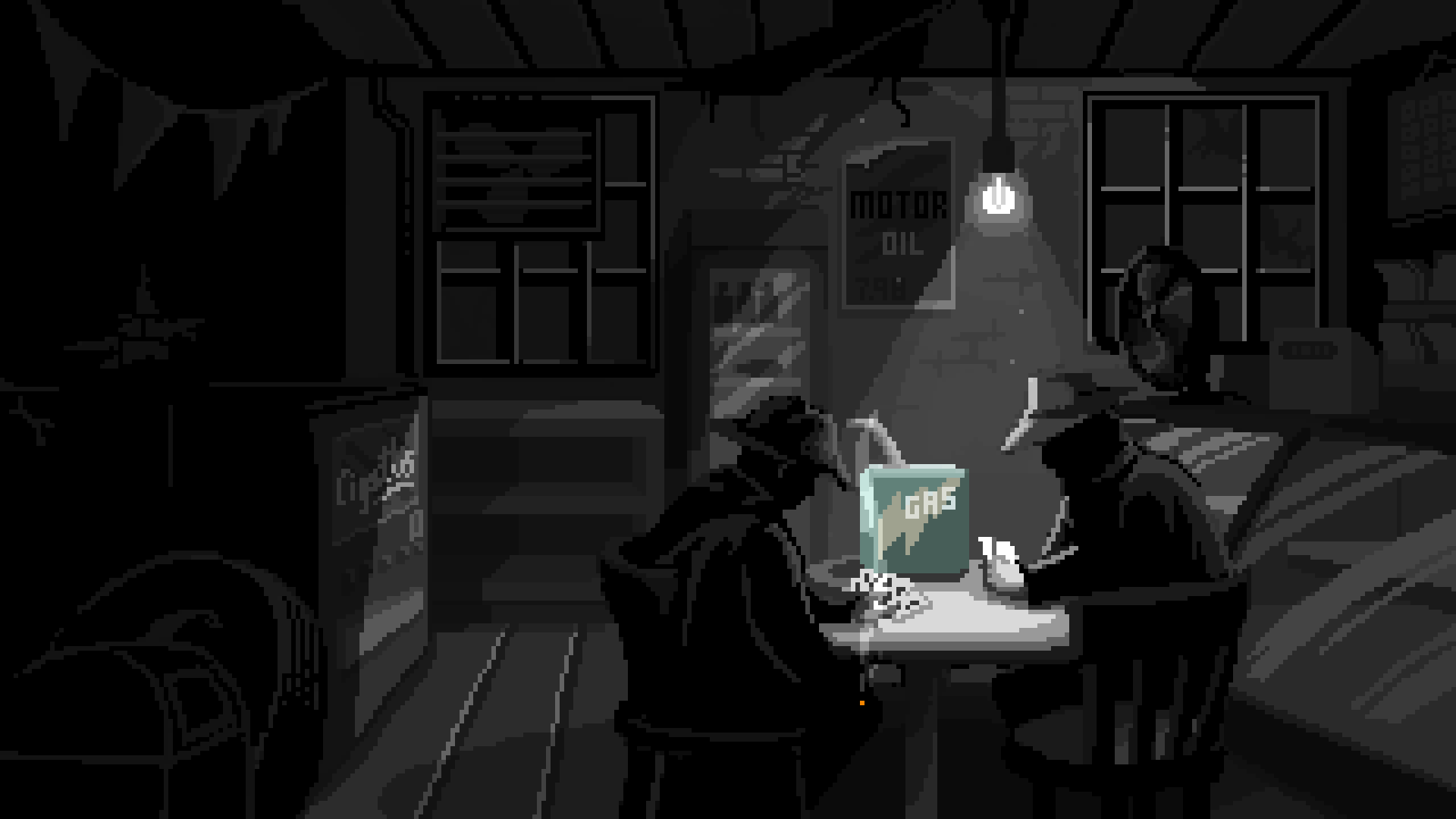 Still from the noir pixel art music video "Isolation" by Turin Brakes, showing two men sitting at a dimly lit table of an American gas station. Directed and animated by pixel artist Stefanie Grunwald.