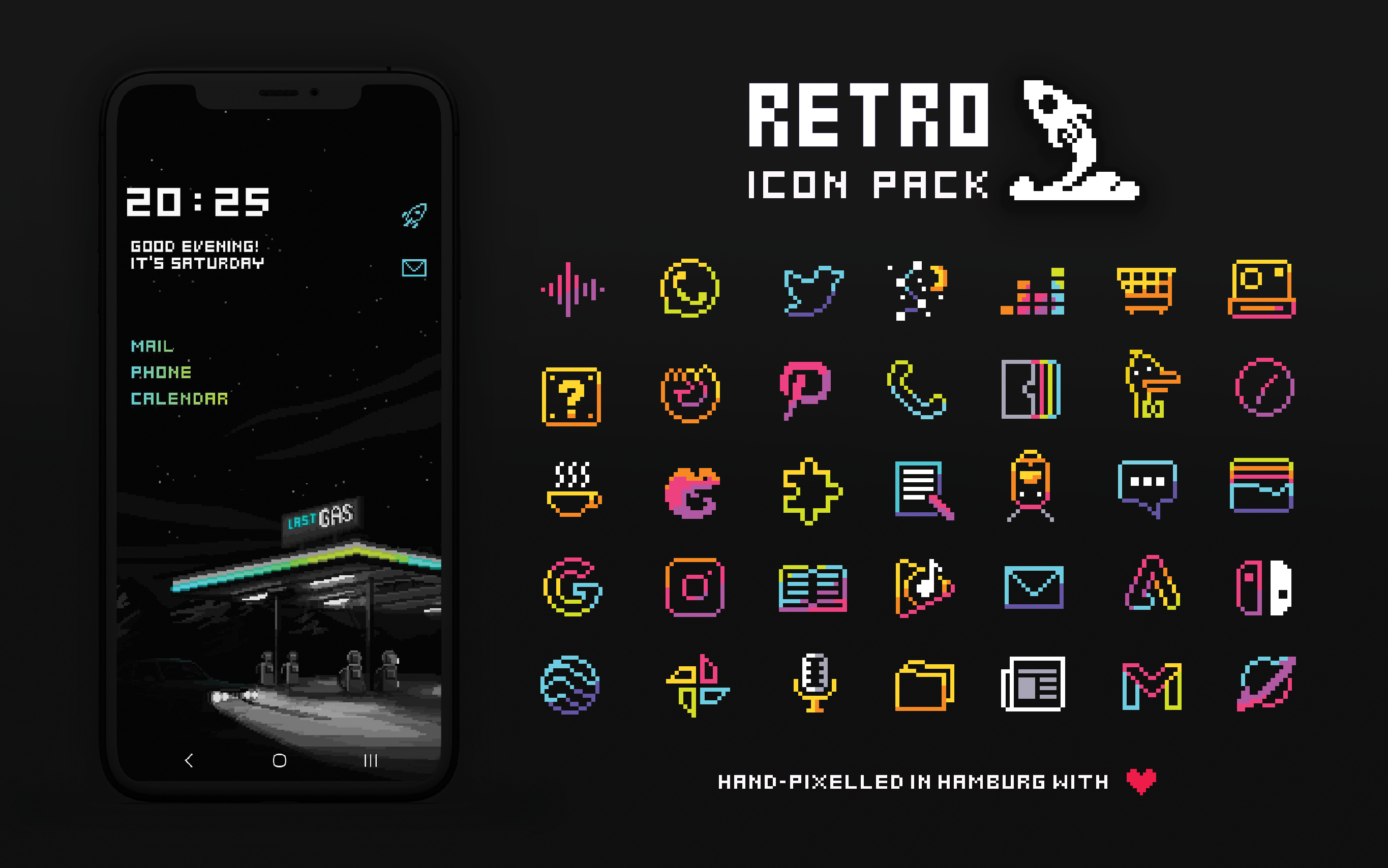 Preview image of the Retro Mode icon pack showing a selection of 30 vibrant neon icons alongside a screenshot of a homescreen with a dark monochrome wallpaper applied and colourful widgets on top.