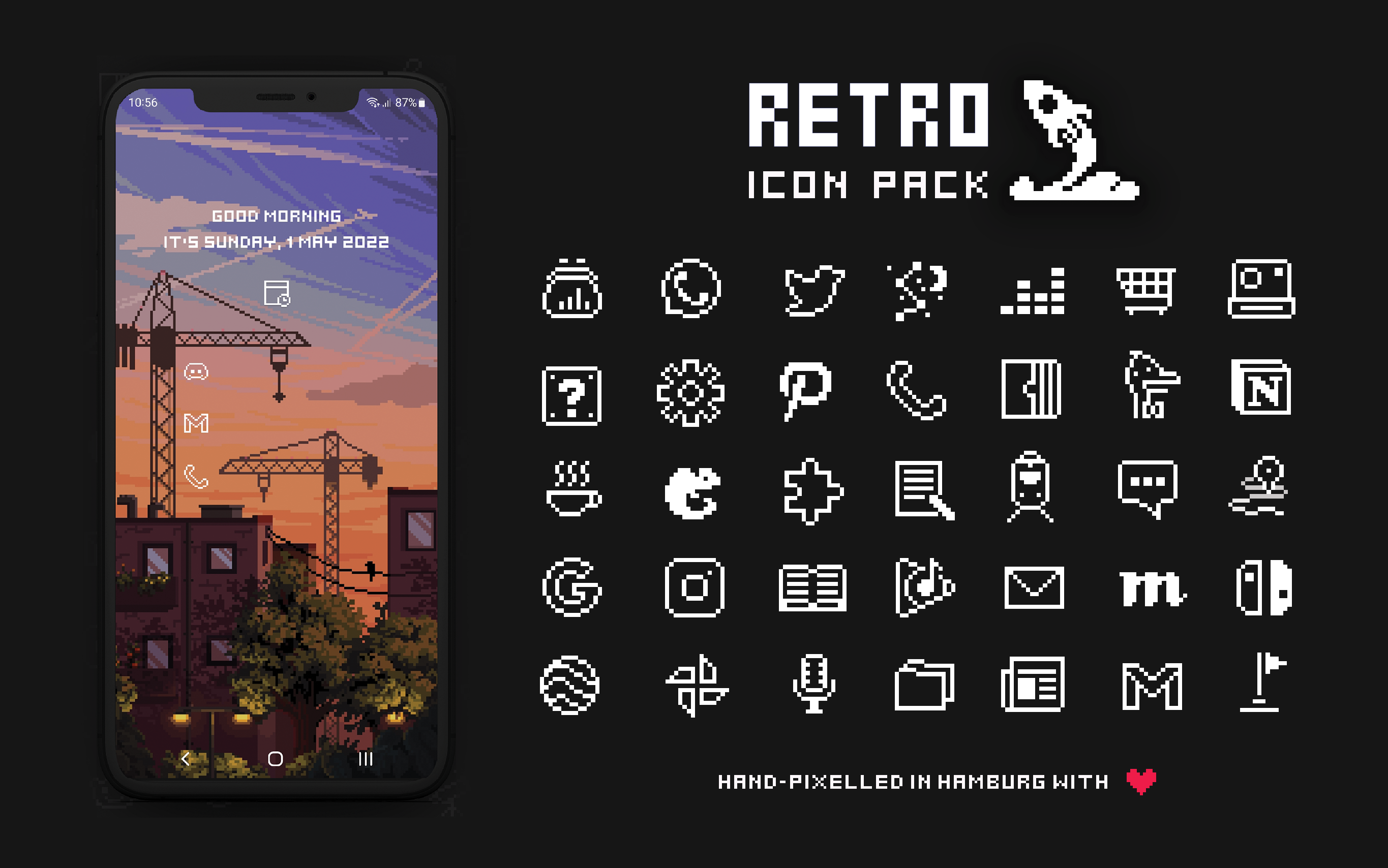 Preview image of the Retro Mode icon pack showing a selection of 30 minimalistic plain white icons alongside a screenshot of a homescreen with an afternoon sunset wallpaper applied and widgets on top.