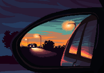 Pixel art style artwork of a car's side mirror reflecting a sunset.