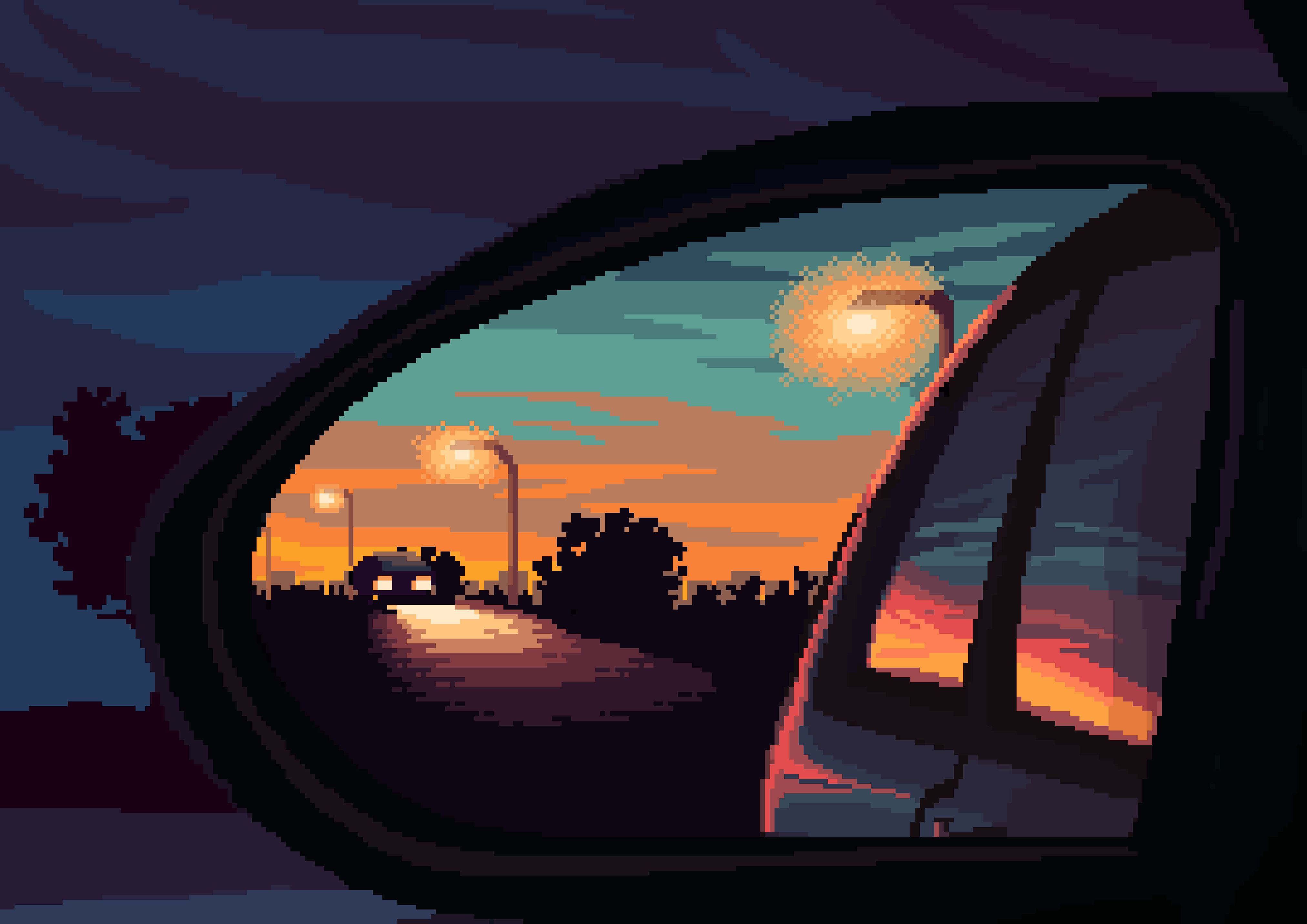Pixel art style artwork of a car's side mirror reflecting a sunset.