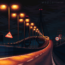 Who Owns the City? (2021, an animated pixel artwork by Stefanie Grunwald) depicting Hamburg's Köhlbrandbrücke at night with glowing street lights and cars speeding along the bridge. A crow flies across the street.
